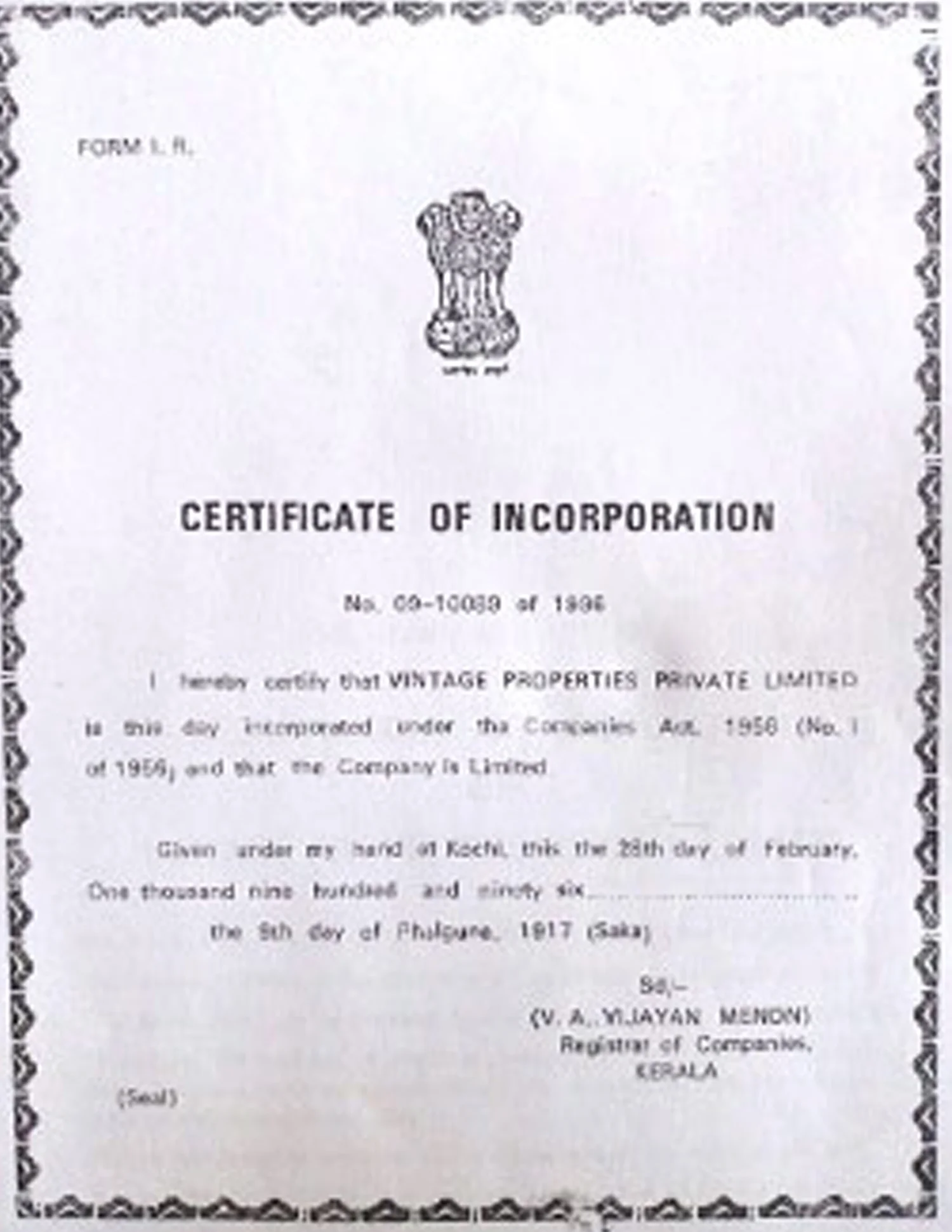 Certificate of Incorporation, Vintage Properties Pvt. Ltd., Kerala