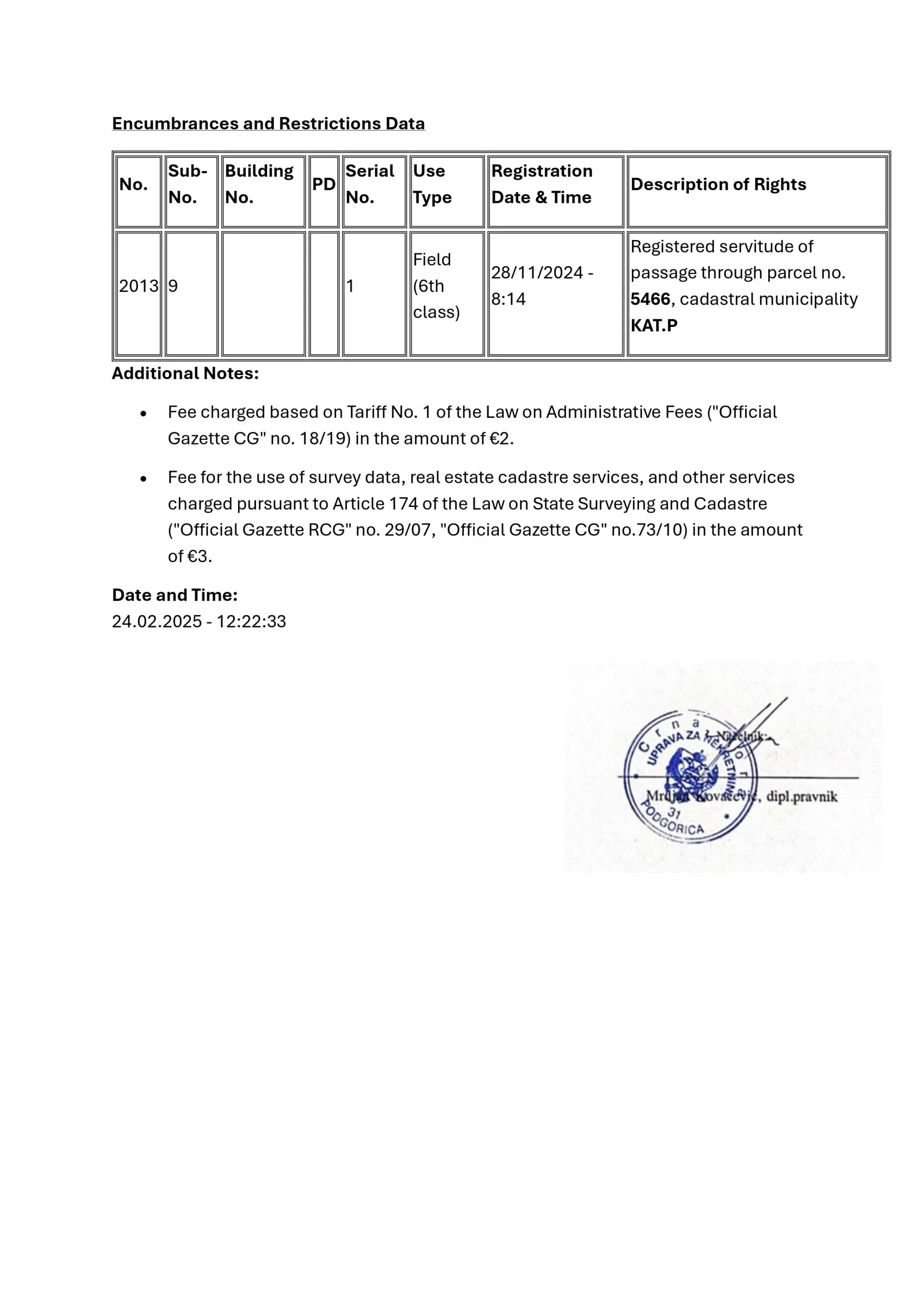 Title deed extract (List nepokretnosti 2580), Dobra Voda, page 2