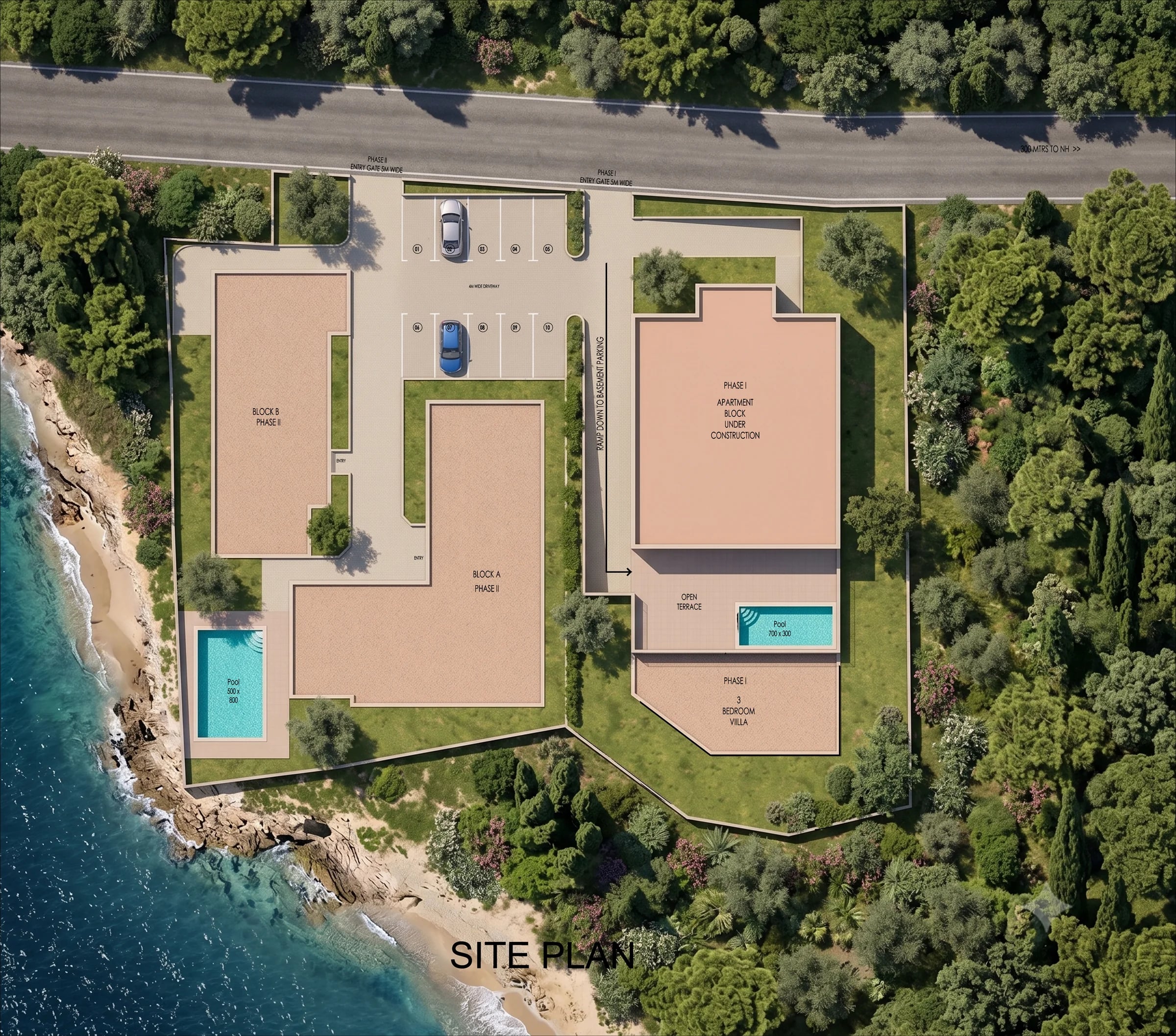 Ocean Crest Adriatic Phase II site plan: Blocks A and B with pools, beside the Phase I apartment block and 3-bedroom villa.